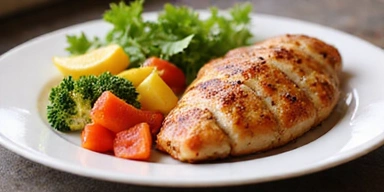 Piatto colorato di verdure fresche e proteine magre, che evoca una dieta sana e bilanciata.